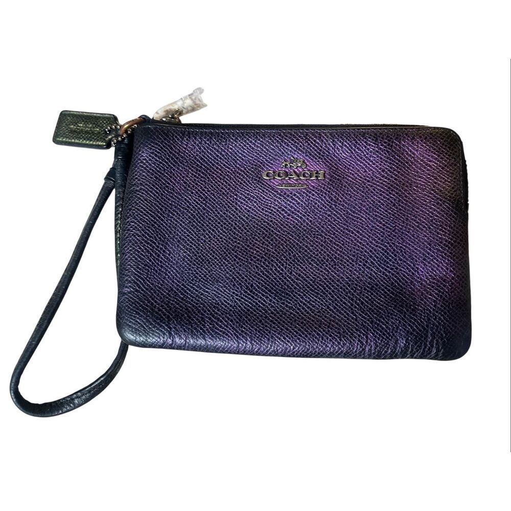 Coach Hologram pebbled leather wristlet purple